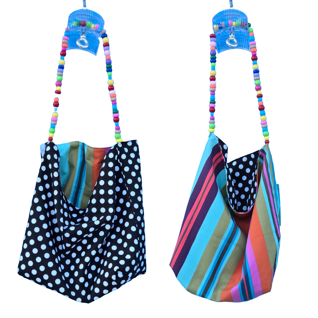 BEADED STRAP REVERSIBLE SHOPPING BAGS